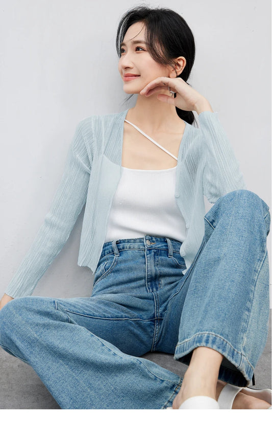 V-neck Cropped Knitted Cardigan & Long Sleeve Top