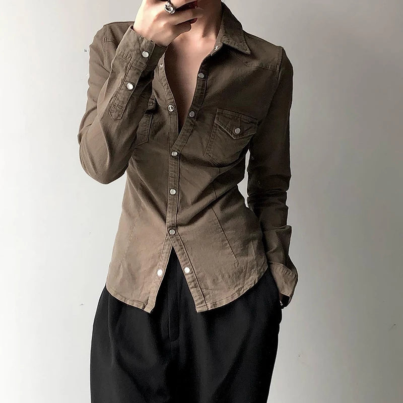 Cargo Style Denim Button-Up Shirt with Pockets