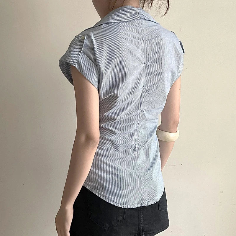 Chic Curved Hem Striped Button-Up Blouse