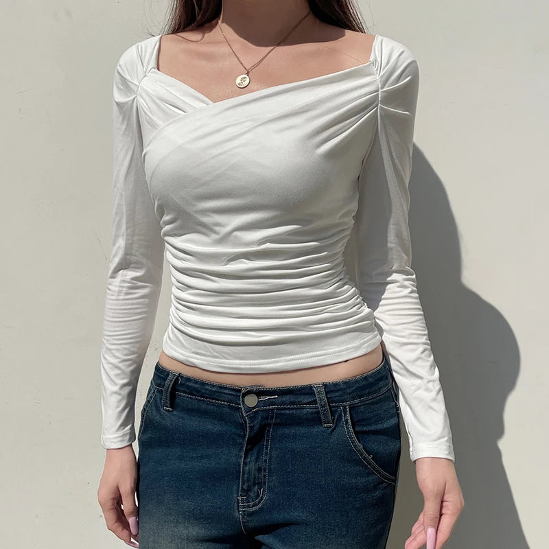 Elegant Cross Square Collar Slimming Long Sleeve Top