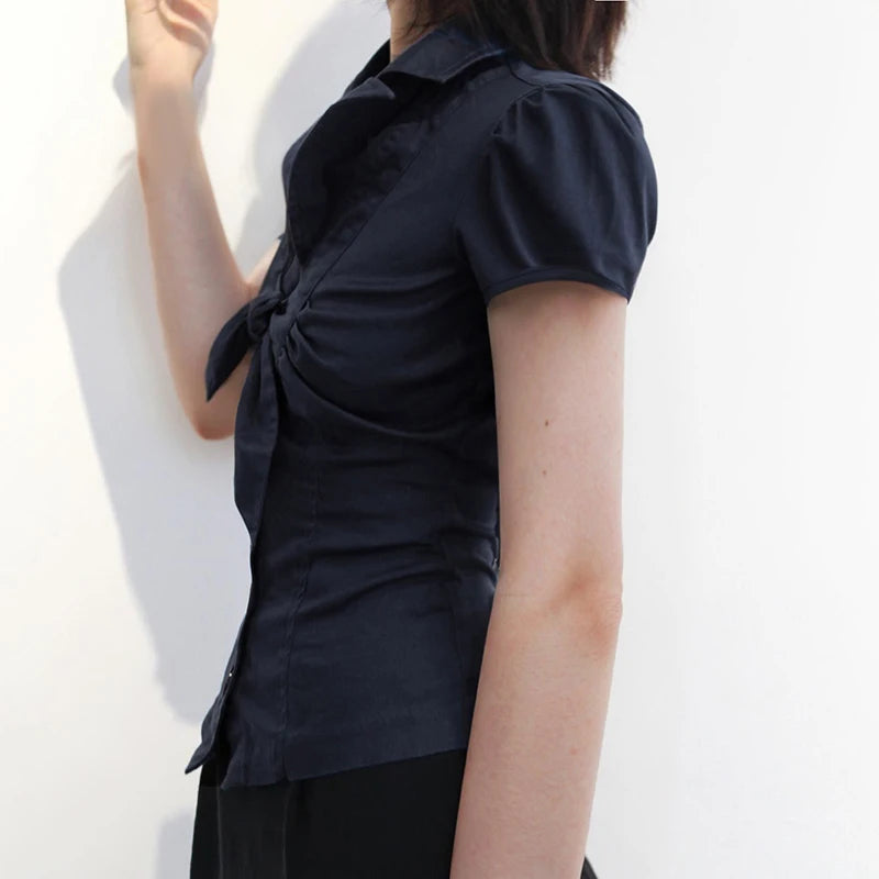 Puff Sleeve Bow Tie Blouse with Big Buttons