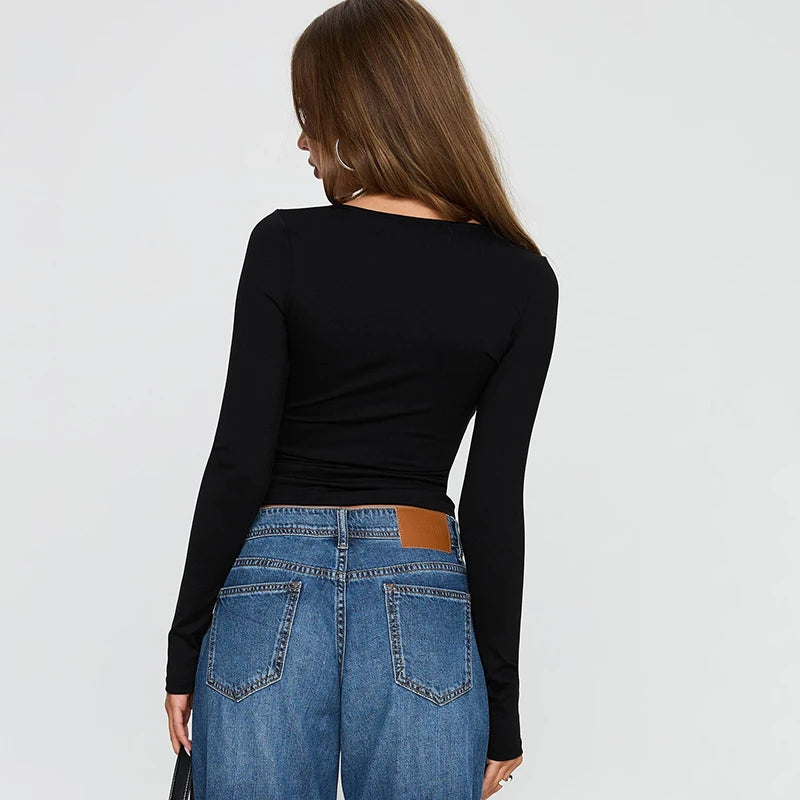 V-Neck Hollow Out Long-Sleeved Casual Top