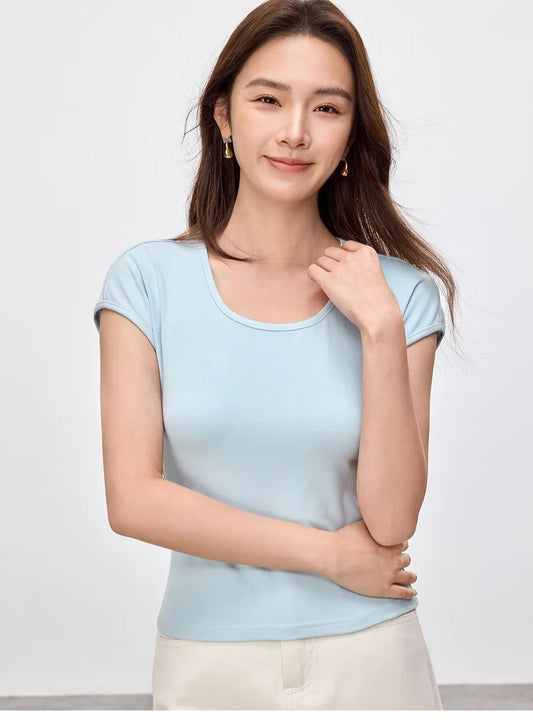 Slim Fit U Collar Short Sleeve Knit Top