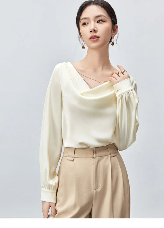Elegant Swing Collar Satin Blouse with Chain Detail