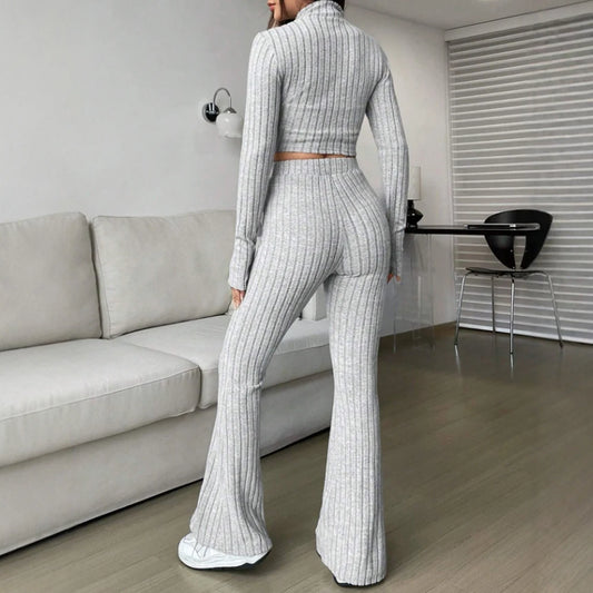 Zipper Long Sleeve Stand Collar Crop Top & High Waist Ankle Bell-Bottoms Set