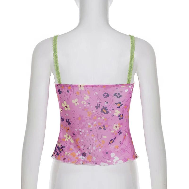Floral V-Neck Bow Camisole with Contrast Trim