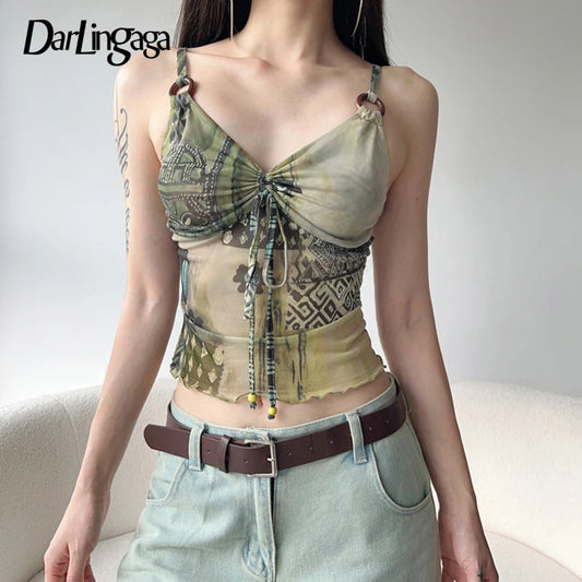 Grunge Fairycore Mesh Crop Top & Drawstring Camisole