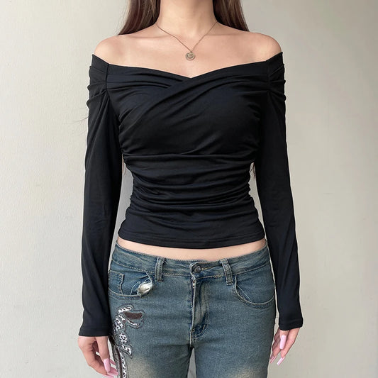 Elegant Cross Square Collar Slimming Long Sleeve Top