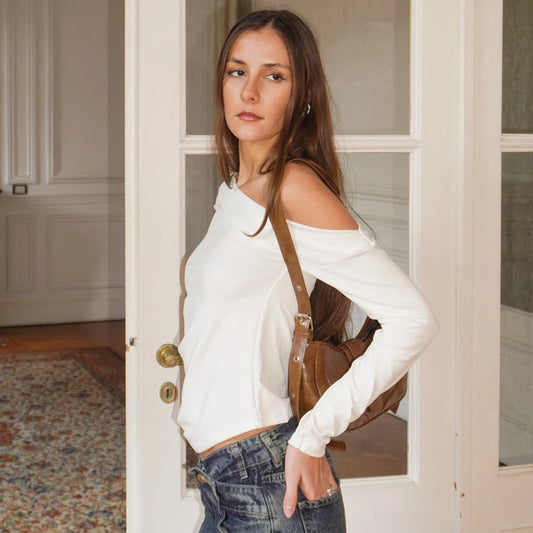 Oblique Collar Loose Long-Sleeve T-Shirt Top