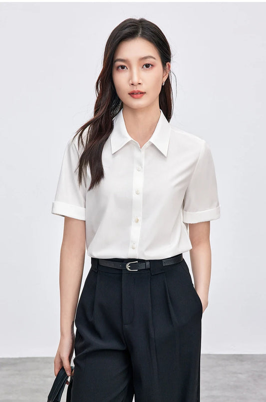 Simple Turn Down Collar Short Sleeve Blouse