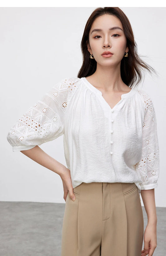 Hollow V Neck Chiffon Blouse & Embroidery Detail