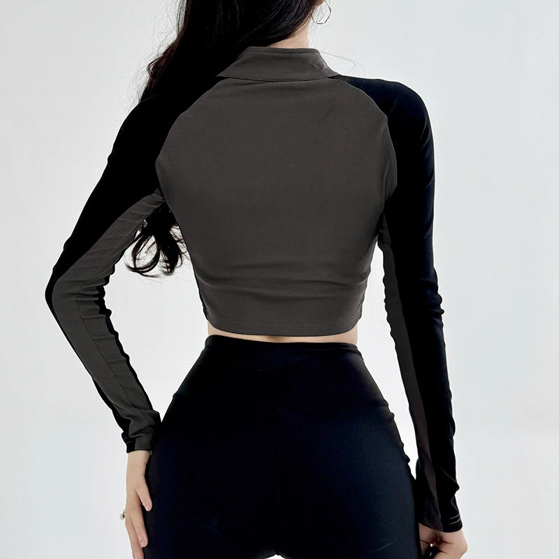 Motorcycle Style Cropped Long Sleeve T-shirt & Zipper