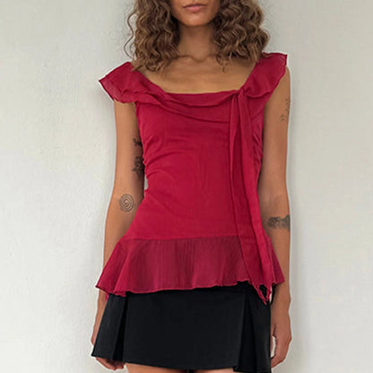 Stylish Y2K-inspired crop top featuring a charming ruffle trim and square neck design, crafted from a soft cotton-polyester blend for all-day comfort. Perfect for sunny days, this lightweight chiffon tank pairs beautifully with high-waisted shorts or skirts