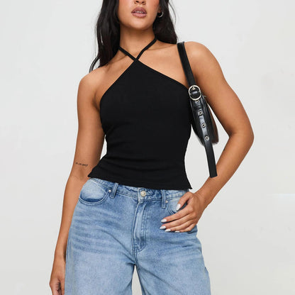 Elevate your summer wardrobe with the Gaono Chic Solid Hanging Neck Camisole. This stylish backless tank top features a trendy hanging neck design and a slim-fit silhouette, perfect for showcasing your confidence. Made from a soft, stretchy cotton-spandex