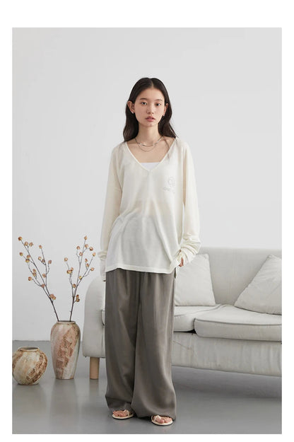 Elevate your wardrobe with our Loose V-Neck Embroidered T-Shirt, perfect for Spring/Summer 2024. This stylish tee features lightweight, breathable fabric that keeps you cool and offers natural sun protection. With elegant embroidered details and a loose