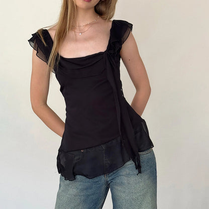 Discover the Gaono Y2K Fairy Crop Top, a must-have addition to your summer wardrobe! This stylish ruffle-trim tank top features a square neck design and lightweight chiffon, perfect for warm days and nights. Made from a soft cotton and