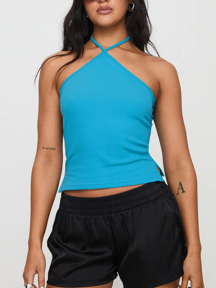 Elevate your summer wardrobe with the Gaono Chic Solid Hanging Neck Camisole. This stylish backless tank top features a trendy hanging neck design and a slim-fit silhouette, perfect for showcasing your individuality. Crafted from a soft, stretchy cotton-spandex
