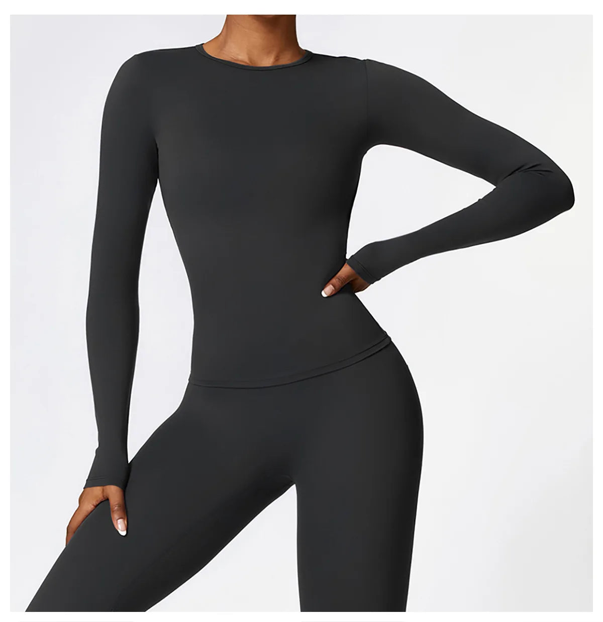 Stylish long-sleeve yoga shirt designed for active women, crafted from a quick-dry nylon and spandex blend. This breathable top offers a flattering slim fit, ensuring comfort during workouts, yoga sessions, or runs. Perfect for layering, it