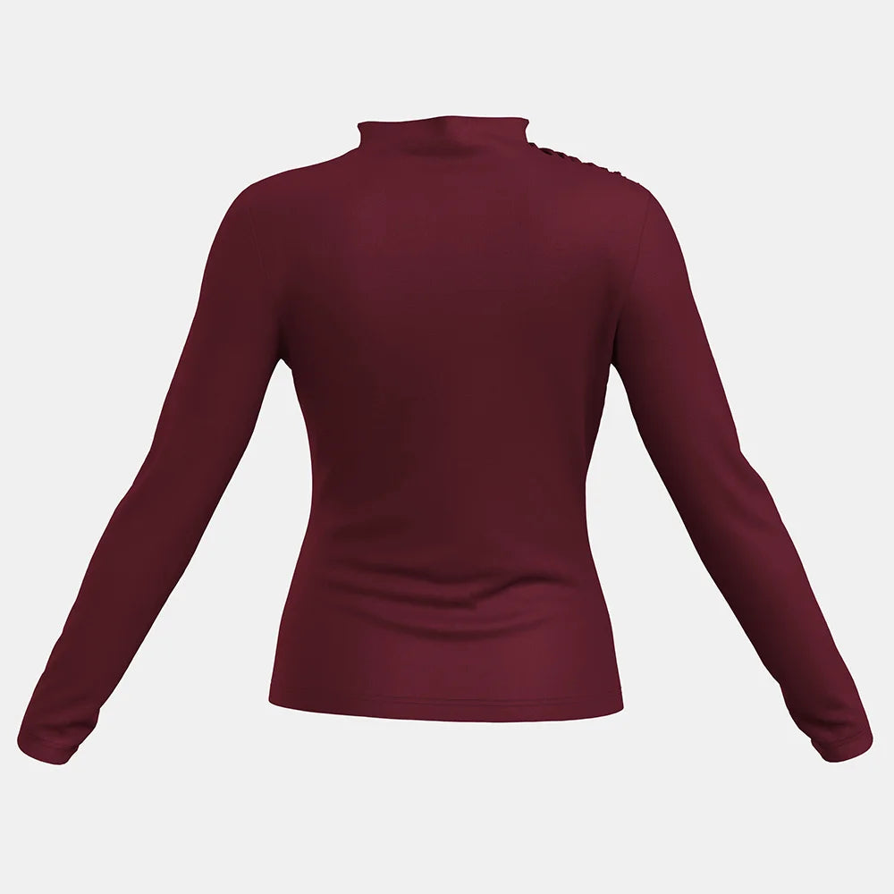 Elevate your autumn wardrobe with our High-Neck Ruffle Long Sleeve T-Shirt in vibrant French Red. This chic piece combines a sophisticated high-neck design with delicate ruffle detailing, perfect for adding a touch of femininity to any outfit. Crafted from