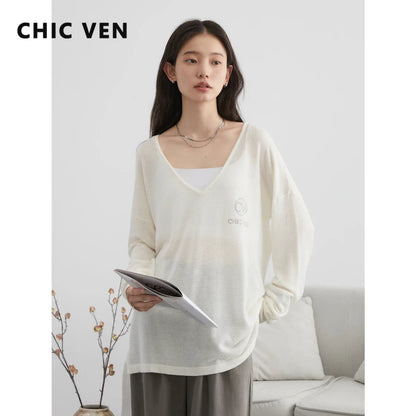 Chic and stylish Loose V-Neck Embroidered T-Shirt, perfect for Spring/Summer 2024. Made from lightweight, breathable fabric, this versatile tee features elegant embroidery and a flattering loose fit. Ideal for casual outings, it combines comfort