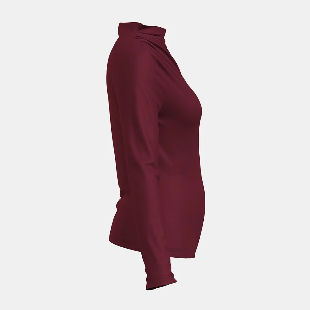 Elevate your autumn wardrobe with our **High-Neck Ruffle Long Sleeve T-Shirt in French Red**. This chic t-shirt combines a sophisticated high-neck design with delicate ruffle detailing, making it the perfect choice for stylish layering. Crafted from soft