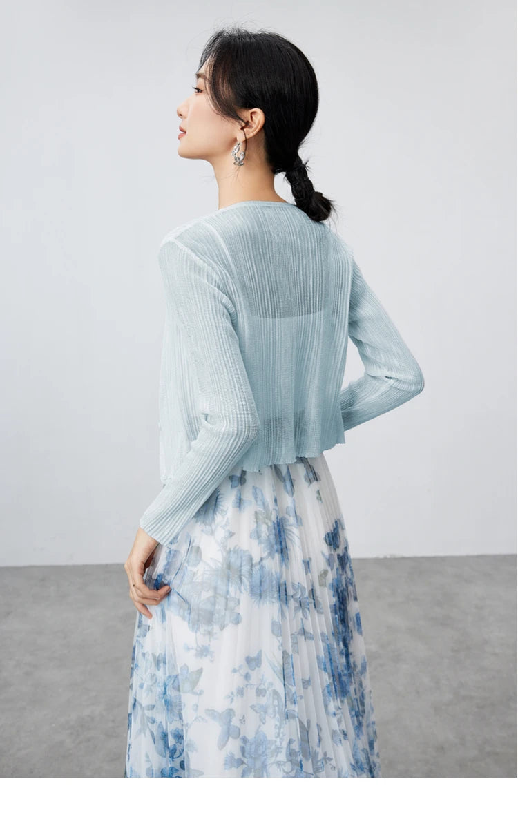 V-neck Cropped Knitted Cardigan & Long Sleeve Top