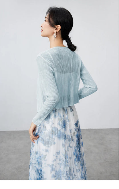 V-neck Cropped Knitted Cardigan & Long Sleeve Top