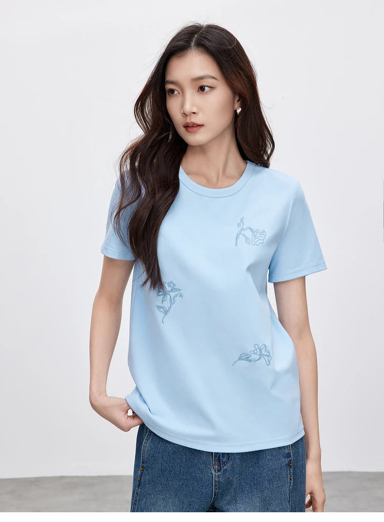 Embroidered Round Neck Short Sleeve Casual T-shirt