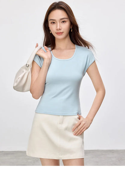 Slim Fit U Collar Short Sleeve Knit Top