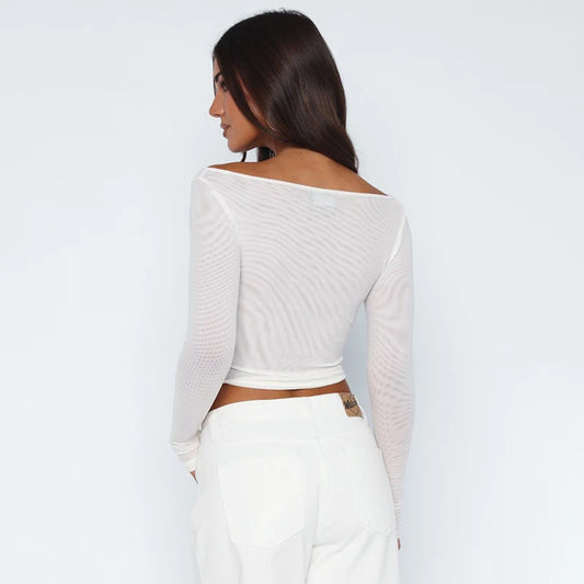 See-Through One Shoulder Mesh Pullover Top