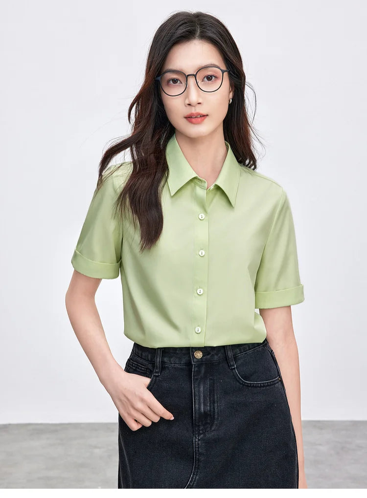 Simple Turn Down Collar Short Sleeve Blouse