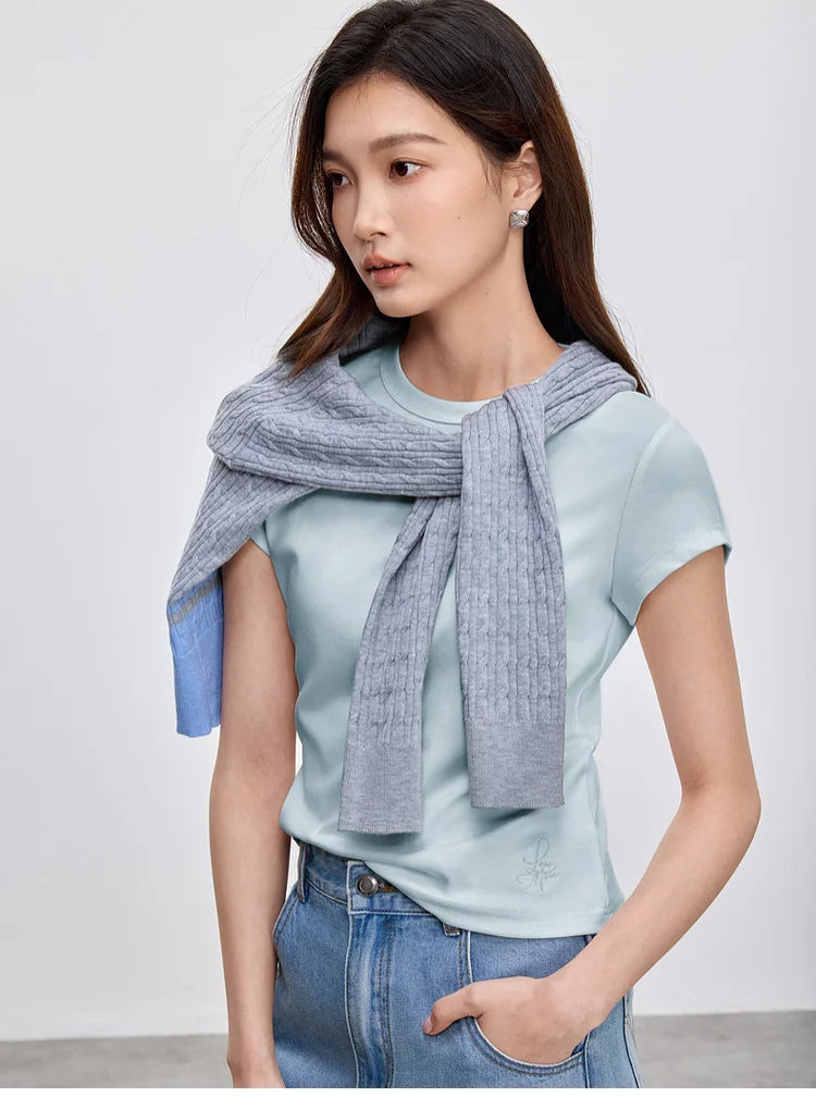 Solid Knitted Crewneck Short Sleeve Embroidery Top