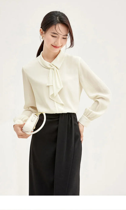 Elegant Bow Neck Chiffon Blouse & Long Sleeve Top