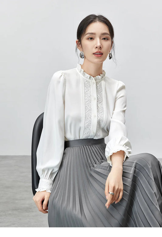 Lace Button Up Long Sleeve White Blouse