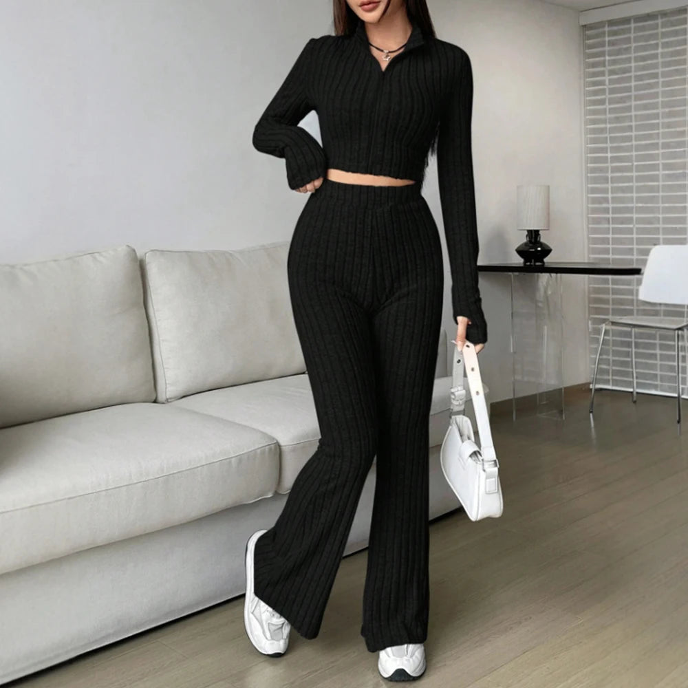 Zipper Long Sleeve Stand Collar Crop Top & High Waist Ankle Bell-Bottoms Set