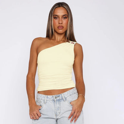 One-Shoulder Bead Link Ruched Slim Tank Top