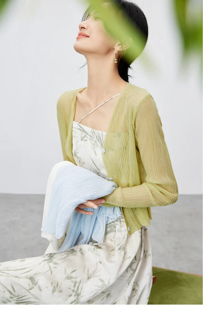 V-neck Cropped Knitted Cardigan & Long Sleeve Top