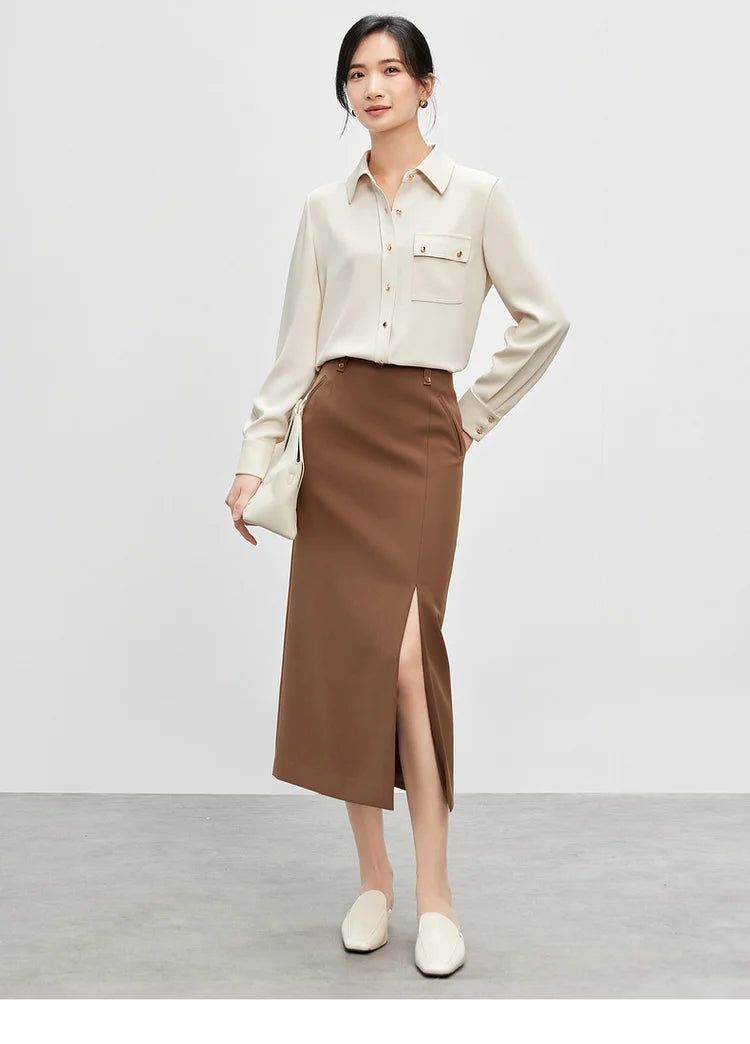 Solid Long Sleeve Turn Down Collar Shirt & Pocket