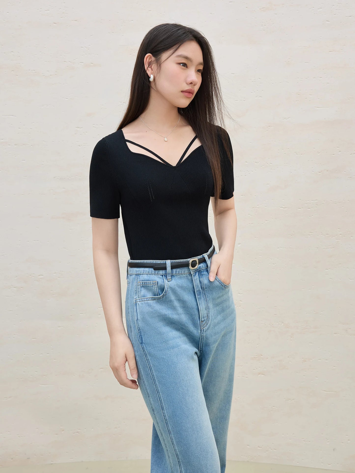 Knitted Short-sleeved Basic Versatile T-shirt Top