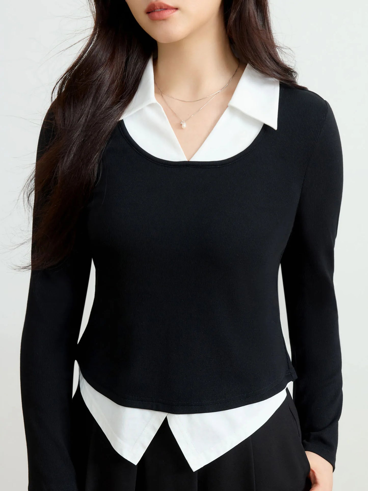 Contrasting Color Long Sleeve Knit Top & T-Shirt