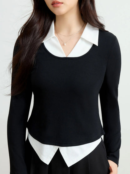 Contrasting Color Long Sleeve Knit Top & T-Shirt