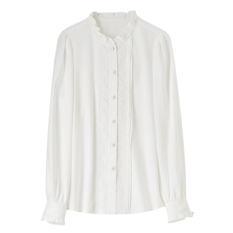 Lace Button Up Long Sleeve White Blouse