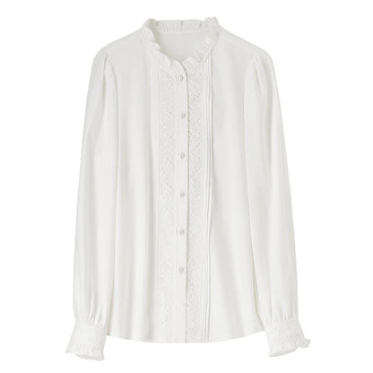 Lace Button Up Long Sleeve White Blouse