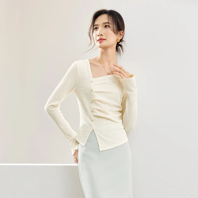 Elegant Knitted Pullover Top with Split Hem & Folds