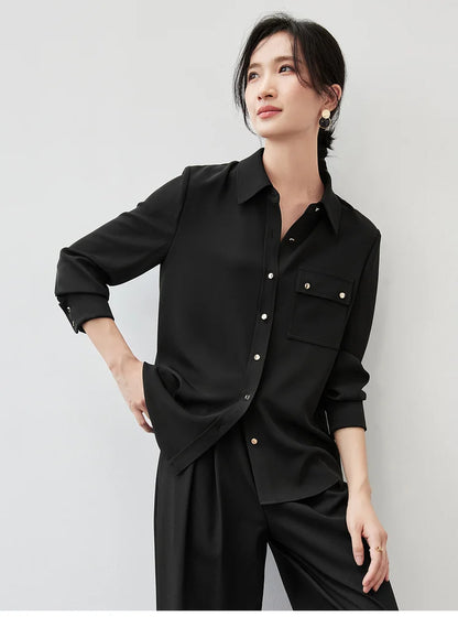 Solid Long Sleeve Turn Down Collar Shirt & Pocket