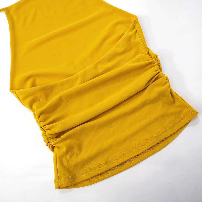 Backless Pleated Mesh Hanging Neck Sexy Top