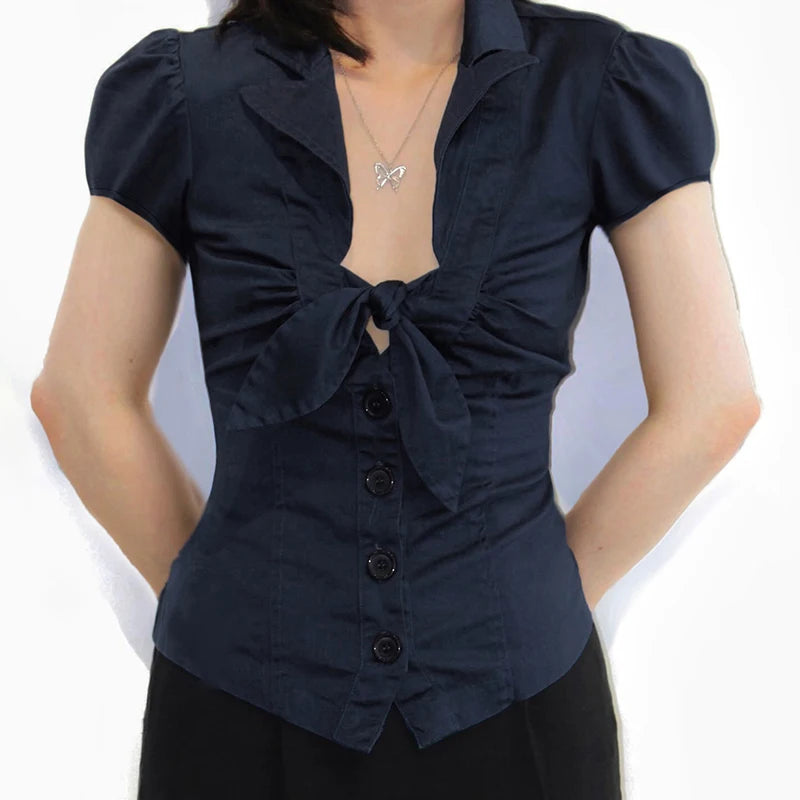 Puff Sleeve Bow Tie Blouse with Big Buttons