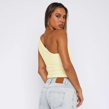 One-Shoulder Bead Link Ruched Slim Tank Top