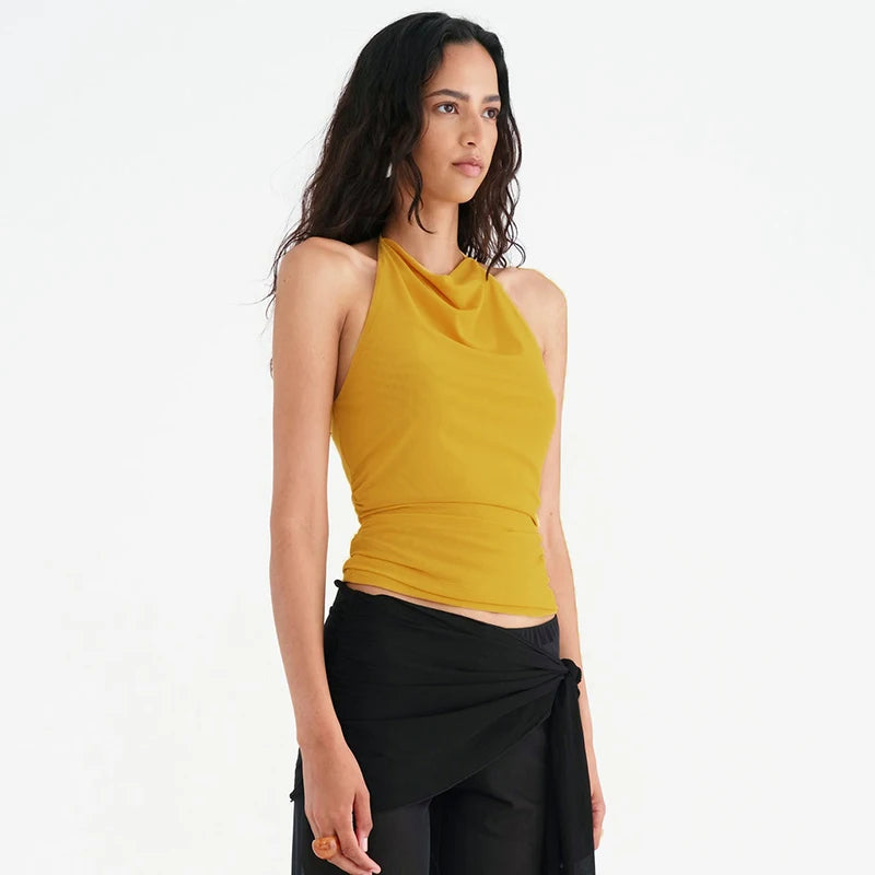 Backless Pleated Mesh Hanging Neck Sexy Top