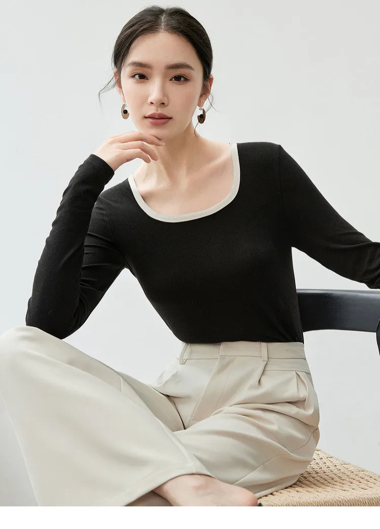 Patchwork Square Neck Long Sleeve Knit Top